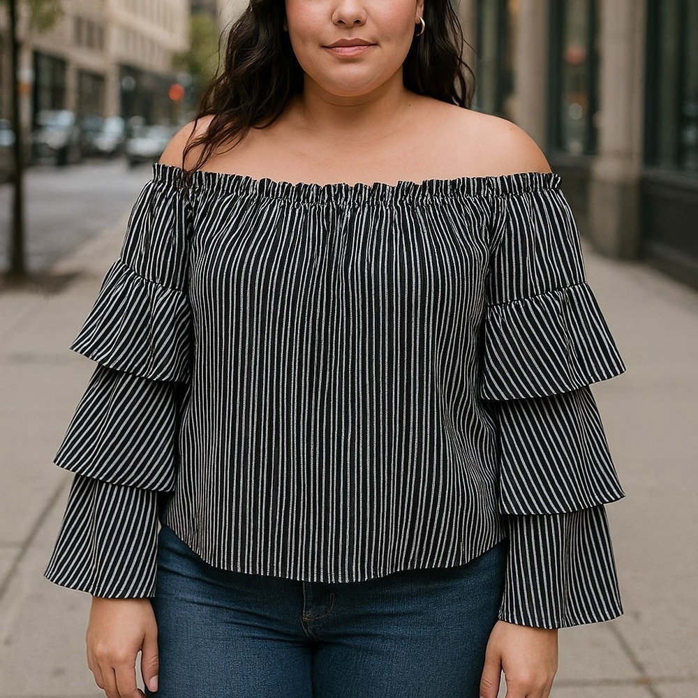 JOA Womens Off Shoulder Ruffle Bell Sleeve Blouse Size L Striped Western Boho